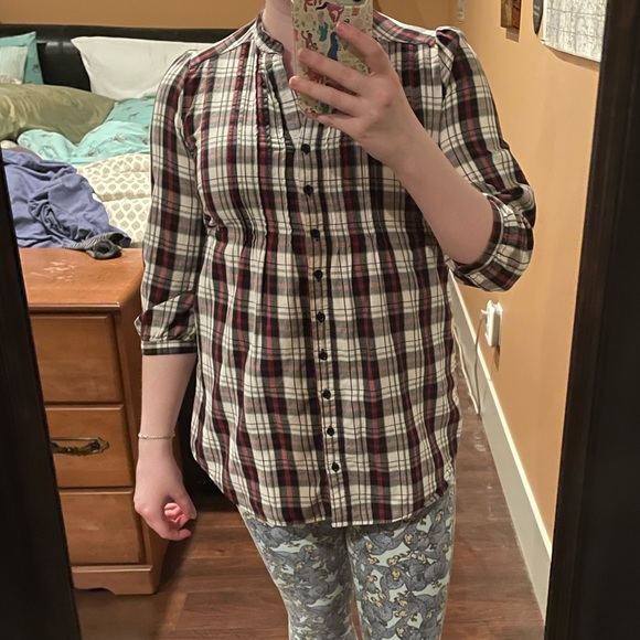 Collarless Plaid Shirt - Picture 4 of 10